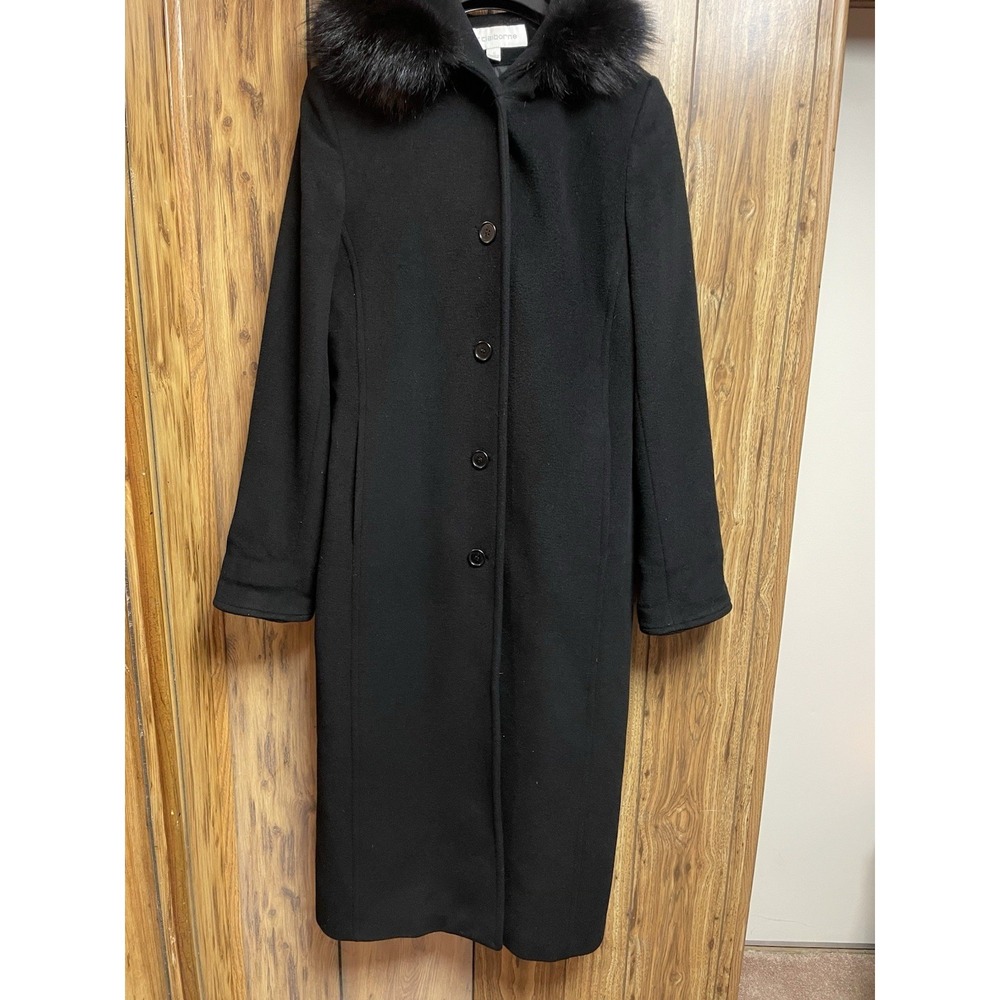 Liz Claiborne Womens Coat Vintage Long Black‎ Wool Cashmere Jacket Size 6 Hooded